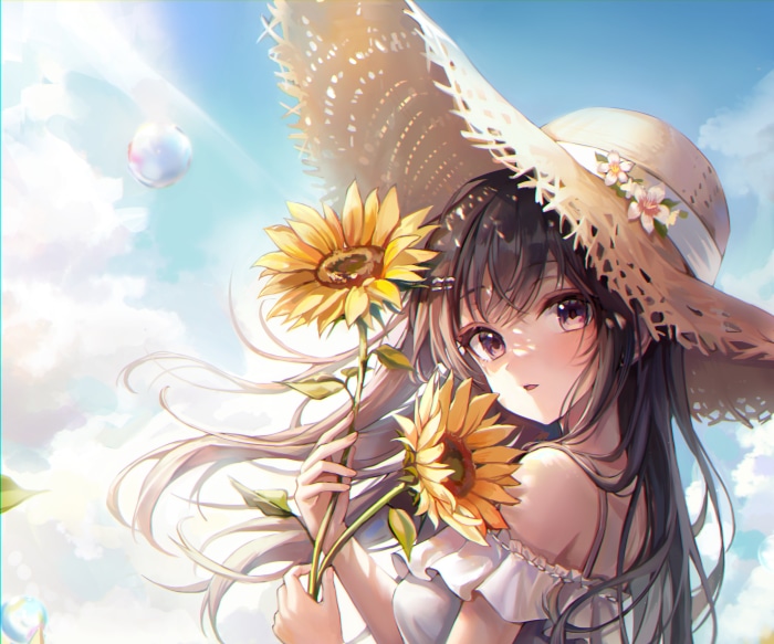 Anime girl with sunflowers and straw hat
