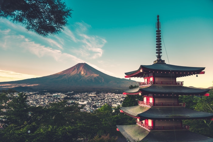 Mount Fuji and Pagoda at Sunset