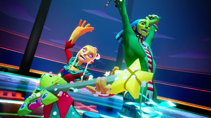 Characters from No Straight Roads playing instruments