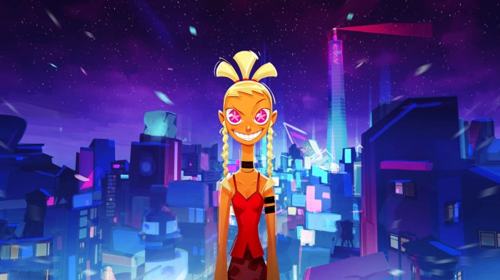 Zuke from No Straight Roads in a futuristic city