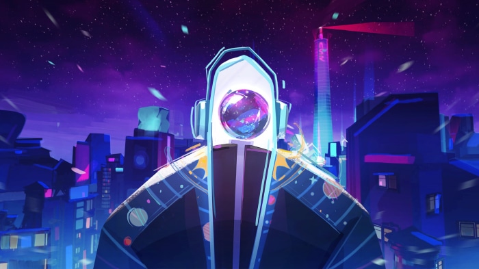 Character with headphones in a futuristic city at night