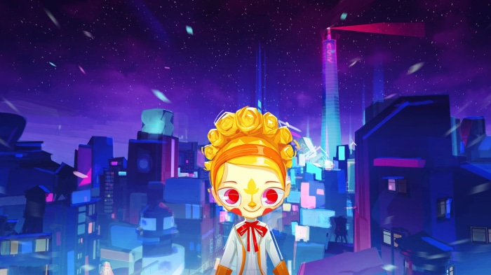 A character from No Straight Roads in a neon city