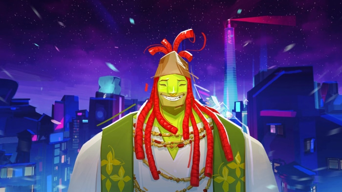 Zuke from No Straight Roads in a futuristic city