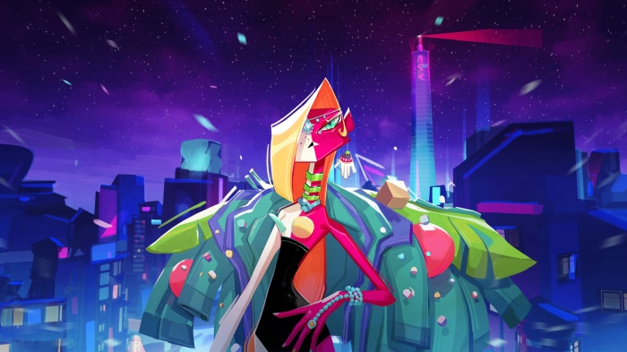 Character from No Straight Roads in a futuristic city