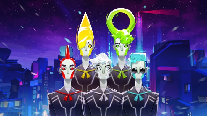 No Straight Roads characters in a futuristic city