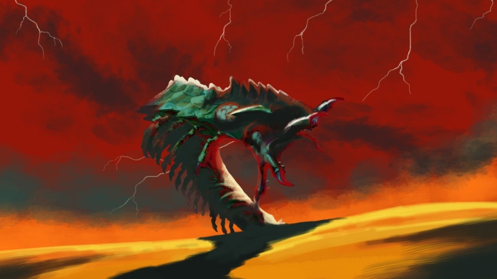 Giant sandworm in a desert under a stormy red sky