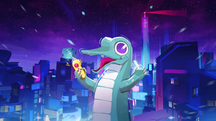 Zuke from No Straight Roads in a neon city