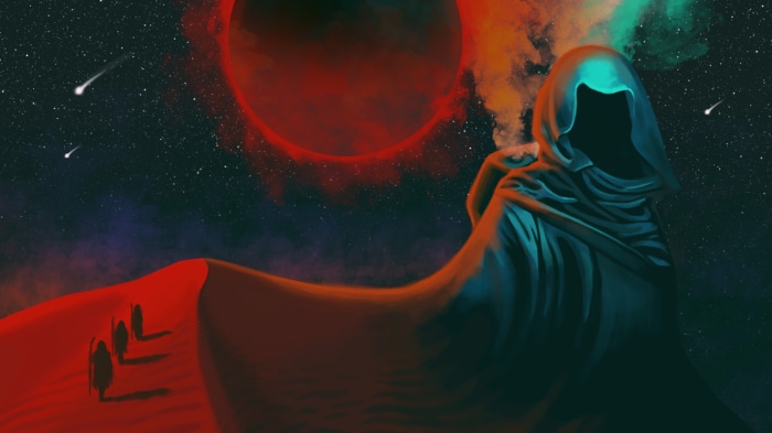 Figure in a Hooded Robe on a Desert Planet
