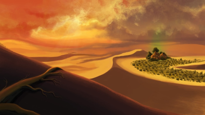 Desert landscape with ancient ruins and a green glow
