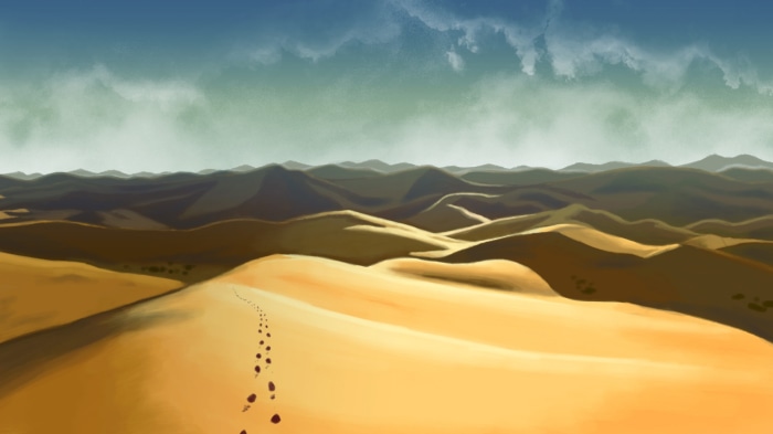 Footprints in a vast desert landscape