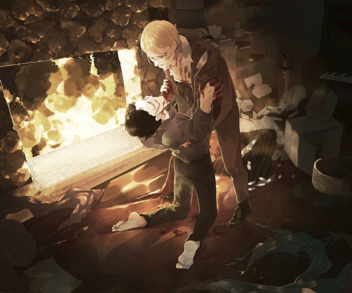 Hannibal Lecter and Will Graham in a violent struggle