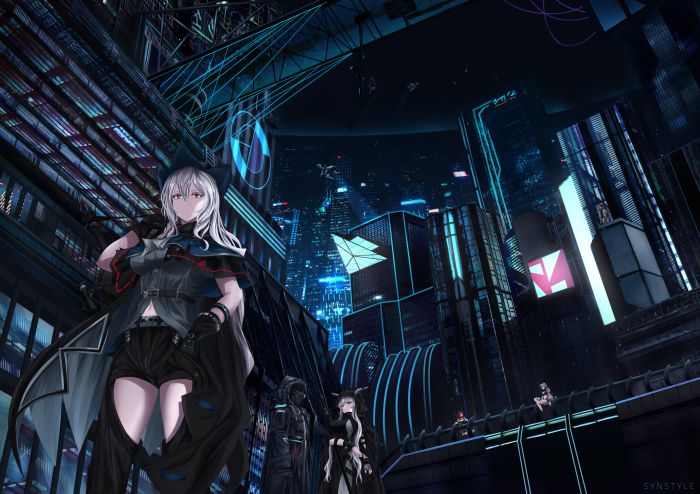 Arknights characters in a futuristic city at night