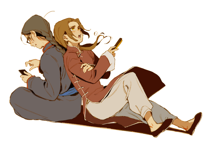 Mongolia and China from Hetalia sitting back to back with phones