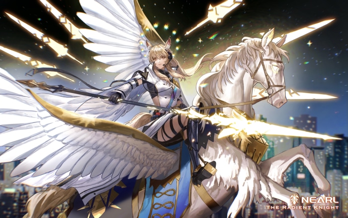 Nearl the Radiant Knight from Arknights on a Pegasus