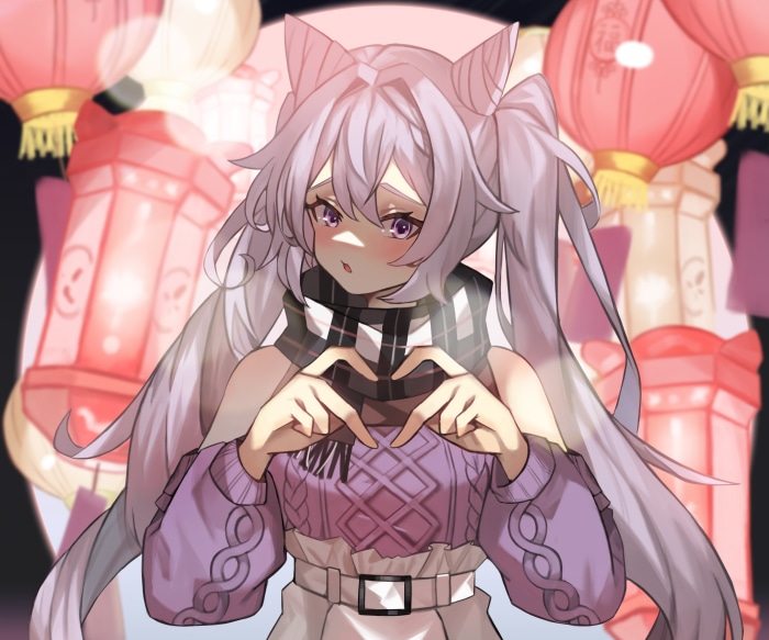 Keqing from Genshin Impact making a heart shape