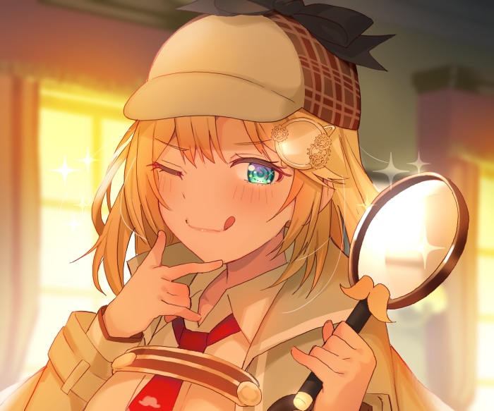Watson Amelia from Hololive, a virtual YouTuber, holding a magnifying glass