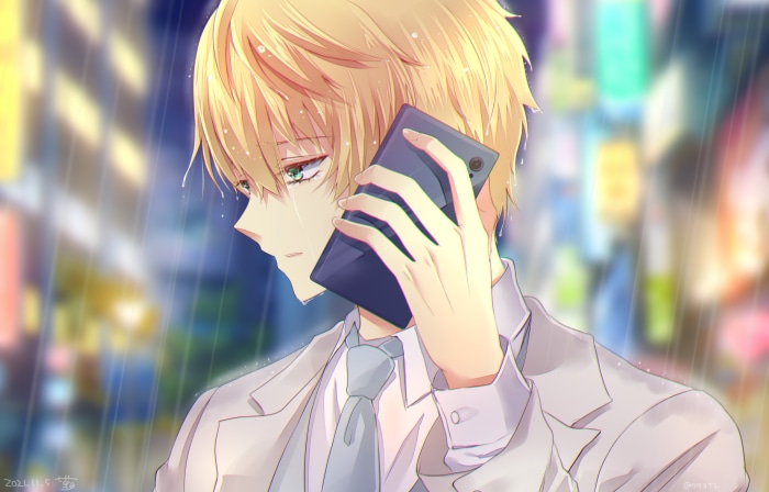 Saber from Fate/Prototype crying on the phone in the rain