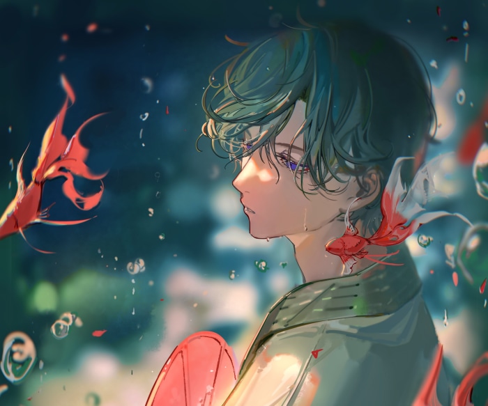 Anime boy with goldfish underwater