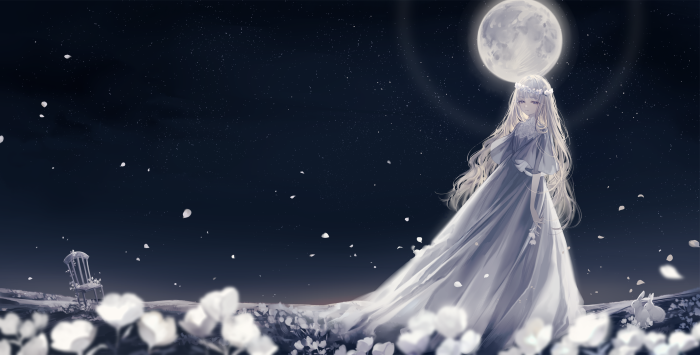 Girl in a white dress under the moonlight
