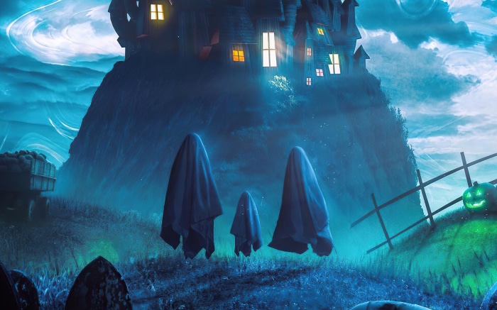 Haunted House with Ghosts and Pumpkin