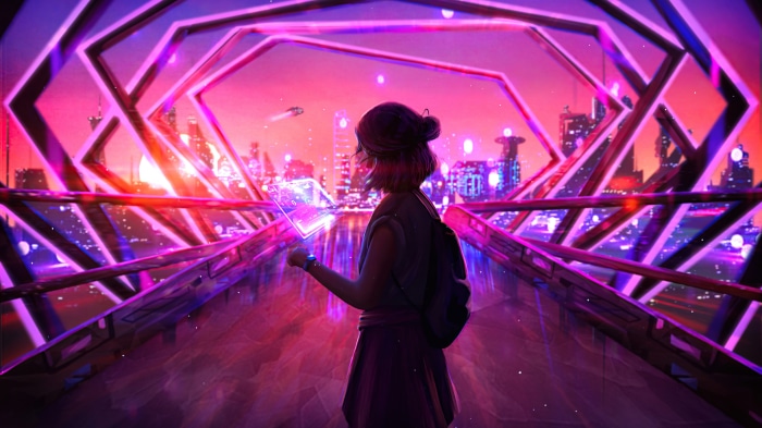 Girl with futuristic tablet in neon city