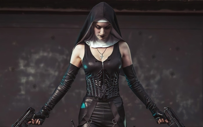 Woman in nun habit and leather outfit holding guns