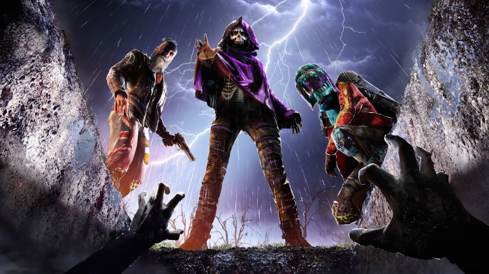 Watch Dogs: Legion characters in a stormy graveyard