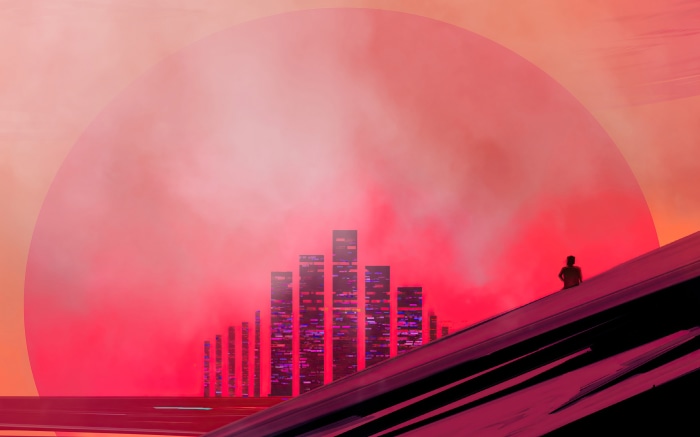 Artistic Cityscape with Large Red Sun