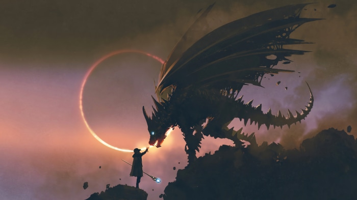 Fantasy Dragon and Sorcerer with Ringed Sun