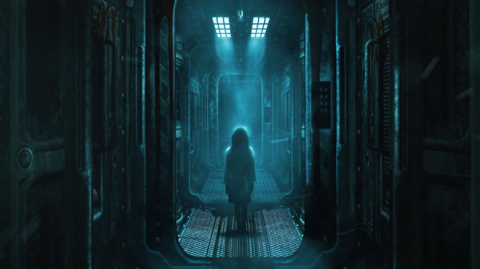 A child stands in a dark, futuristic hallway