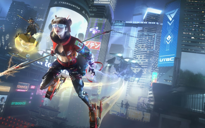 Cyber Hunter girl with spear in futuristic city