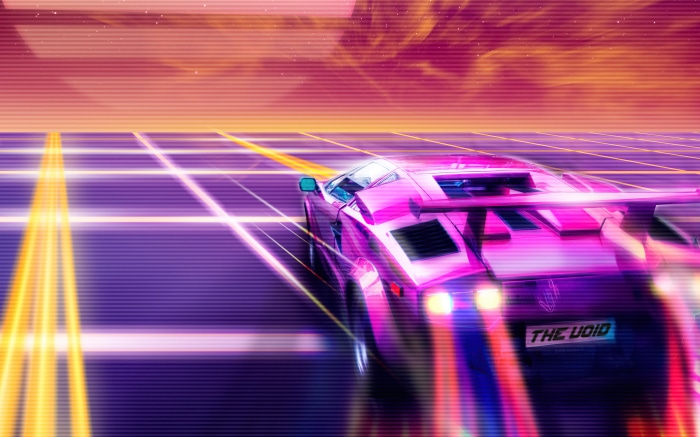 Pink sports car driving on a neon grid road