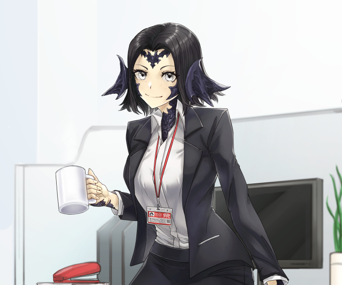 Au Ra from Final Fantasy XIV holding a mug