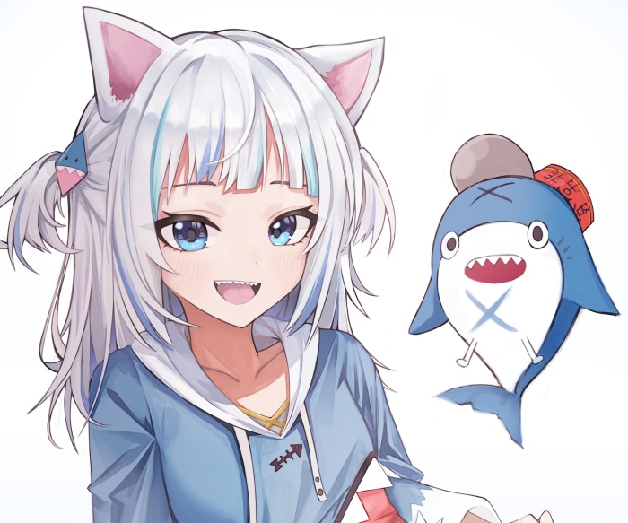 Gawr Gura from Hololive with a shark plushie