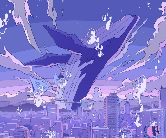Fantasy whale and manta rays over city