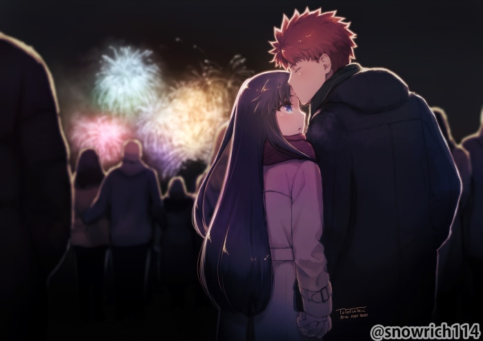 Shirou Emiya and Rin Tohsaka watching fireworks
