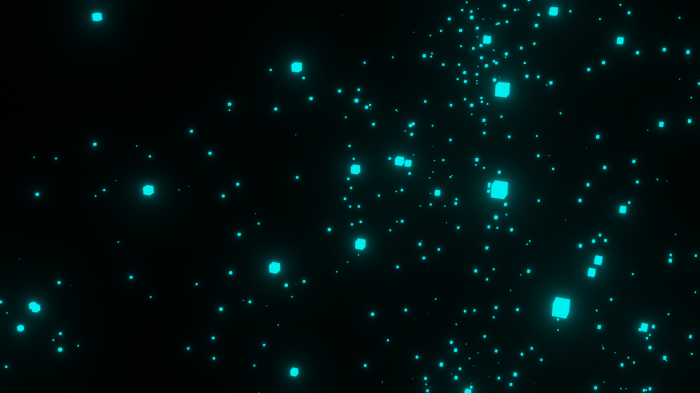 Abstract glowing blue cubes and particles in darkness