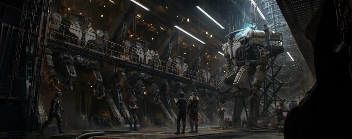 Sci-Fi Mecha Hangar with Robots and Technicians