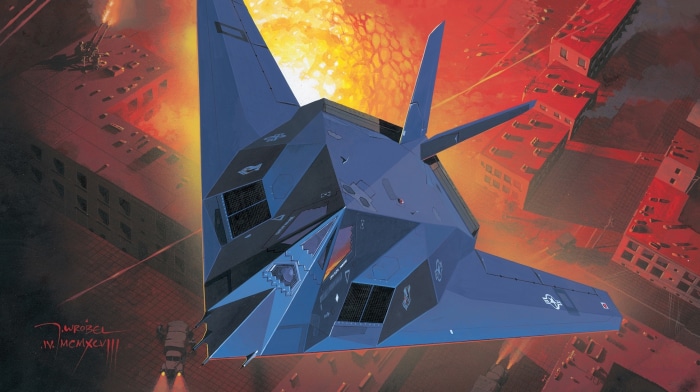 Lockheed F-117 Nighthawk bomber over city