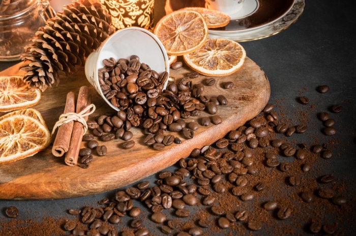 Coffee beans with cinnamon and dried oranges