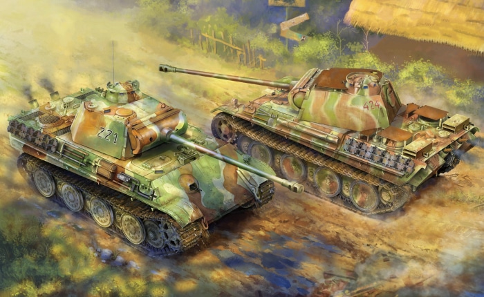 Two German Panther tanks in camouflage