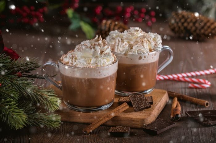 Two mugs of hot chocolate with whipped cream and cinnamon