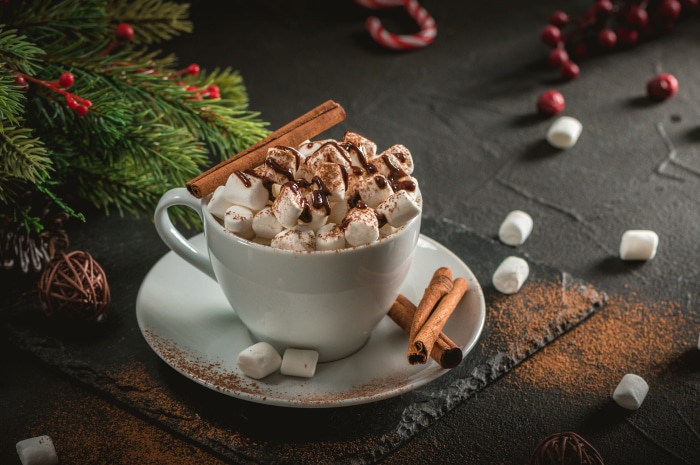 Hot chocolate with marshmallows and cinnamon sticks