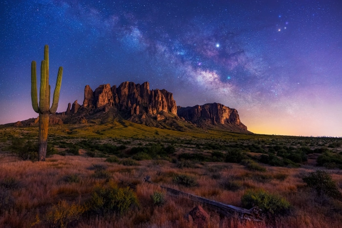 Desert landscape with Saguaro cactus and Milky Way