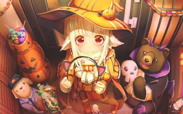 Girl in Witch Costume with Halloween Decorations