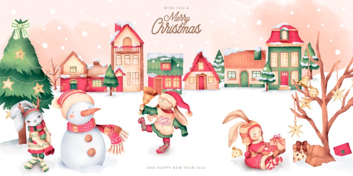 Merry Christmas and Happy New Year 2022 watercolor illustration