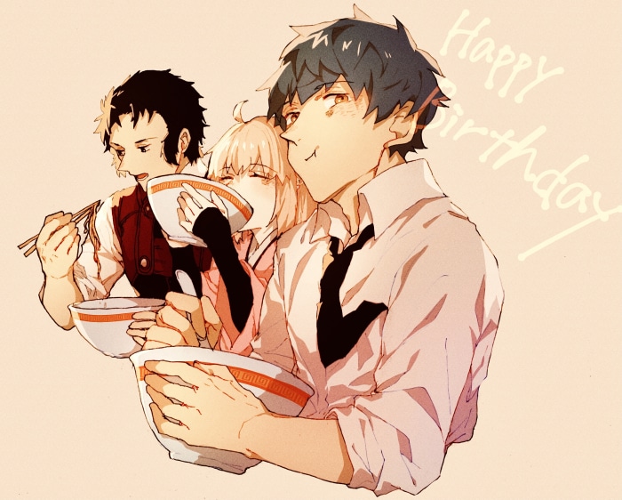 Saitou Hajime, Sakura Saber, and Berserker from Fate/Grand Order eating