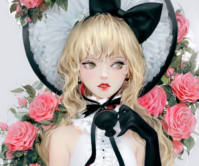 Anime girl with blonde hair and roses