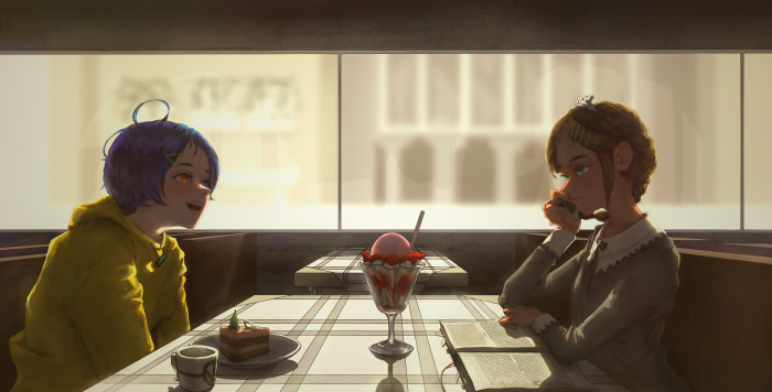 Ai Ohto and Neiru Aonuma at a cafe
