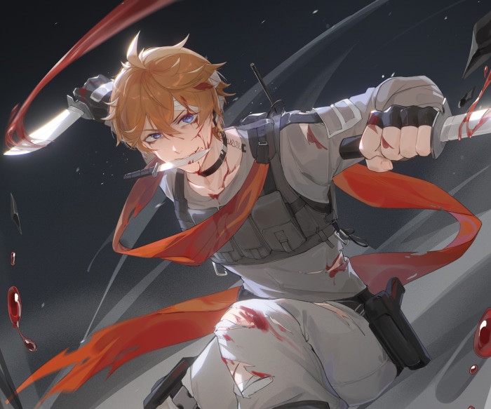Tartaglia Childe from Genshin Impact with knives